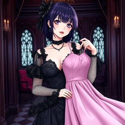 A gothic anime girl with deep dark purple hair, elegantly styled, stands in a luxurious gothic mansion