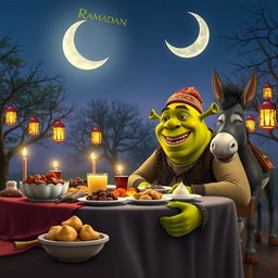 A whimsical and humorous scene featuring Shrek, the beloved ogre from the animated films, celebrating Ramadan
