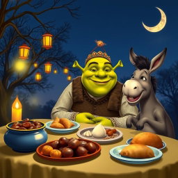 A whimsical and humorous scene featuring Shrek, the beloved ogre from the animated films, celebrating Ramadan