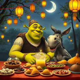 A whimsical and humorous scene featuring Shrek, the beloved ogre from the animated films, celebrating Ramadan