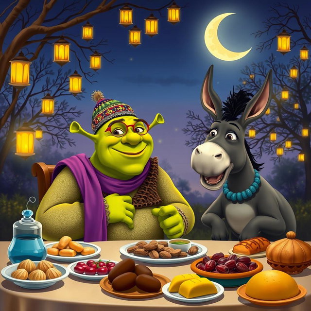 A whimsical and humorous scene featuring Shrek, the beloved ogre from the animated films, celebrating Ramadan