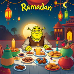 A vibrant and whimsical illustration of Shrek celebrating Ramadan during iftar