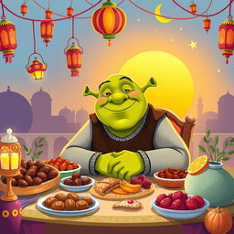A vibrant and whimsical illustration of Shrek celebrating Ramadan during iftar