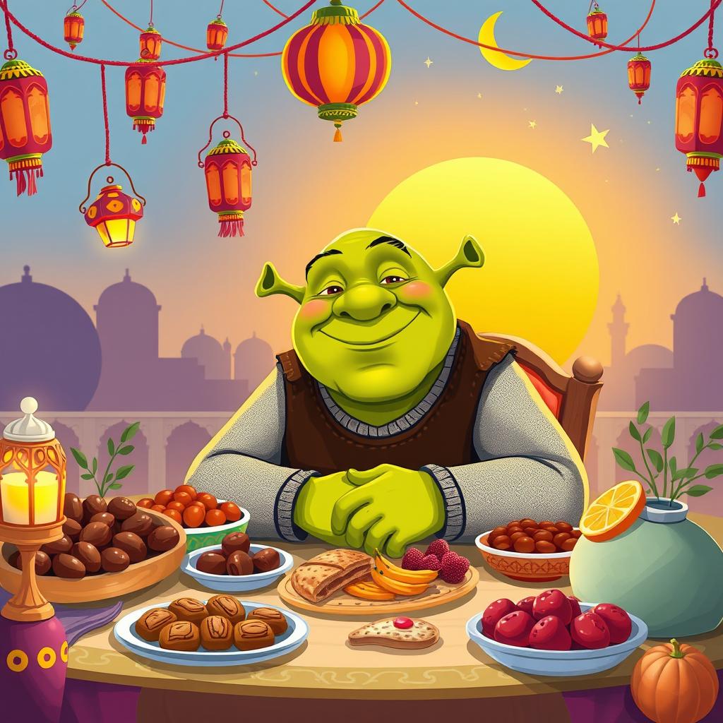 A vibrant and whimsical illustration of Shrek celebrating Ramadan during iftar