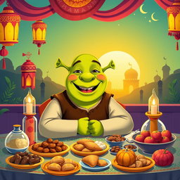 A vibrant and whimsical illustration of Shrek celebrating Ramadan during iftar