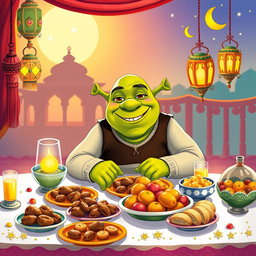 A vibrant and whimsical illustration of Shrek celebrating Ramadan during iftar