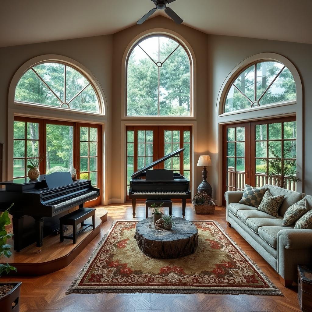 A cozy single-story villa living room, showcasing an inviting view of the lush outdoors through three large arched windows