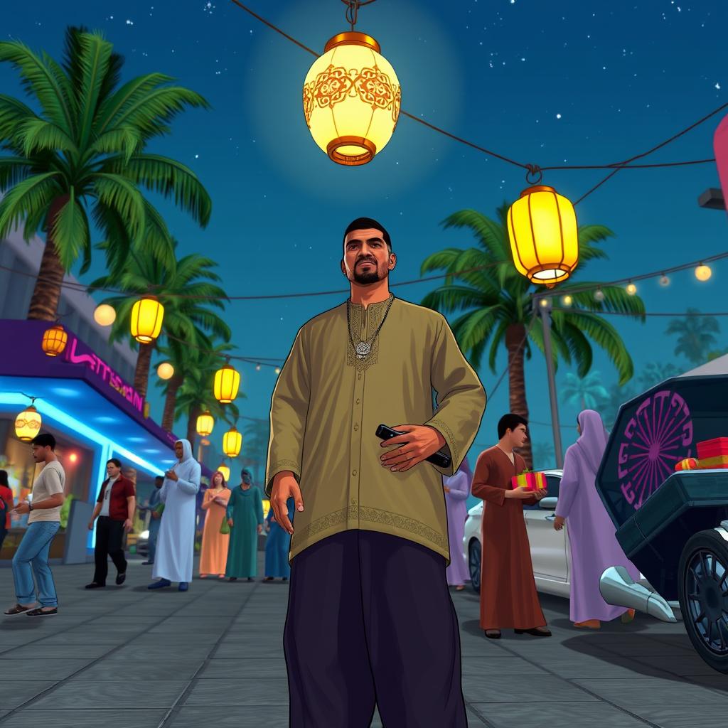 CJ from Grand Theft Auto (GTA), dressed in traditional Ramadan attire, standing in an urban setting of San Andreas