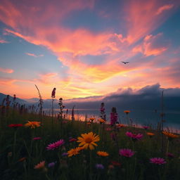 A majestic mountain landscape during sunrise, featuring a vibrant sky with warm pinks and oranges casting reflections on a calm lake