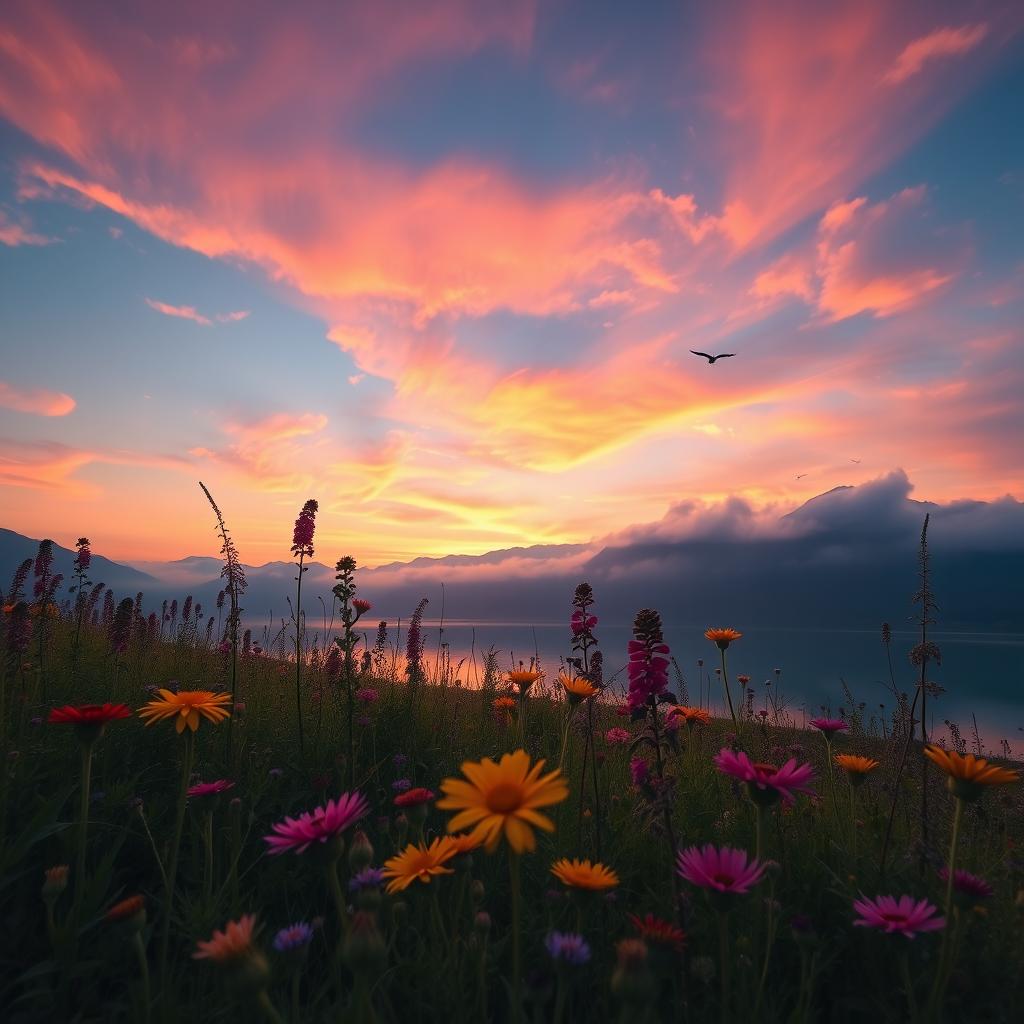 A majestic mountain landscape during sunrise, featuring a vibrant sky with warm pinks and oranges casting reflections on a calm lake