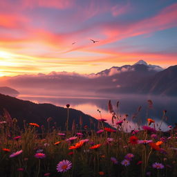 A majestic mountain landscape during sunrise, featuring a vibrant sky with warm pinks and oranges casting reflections on a calm lake