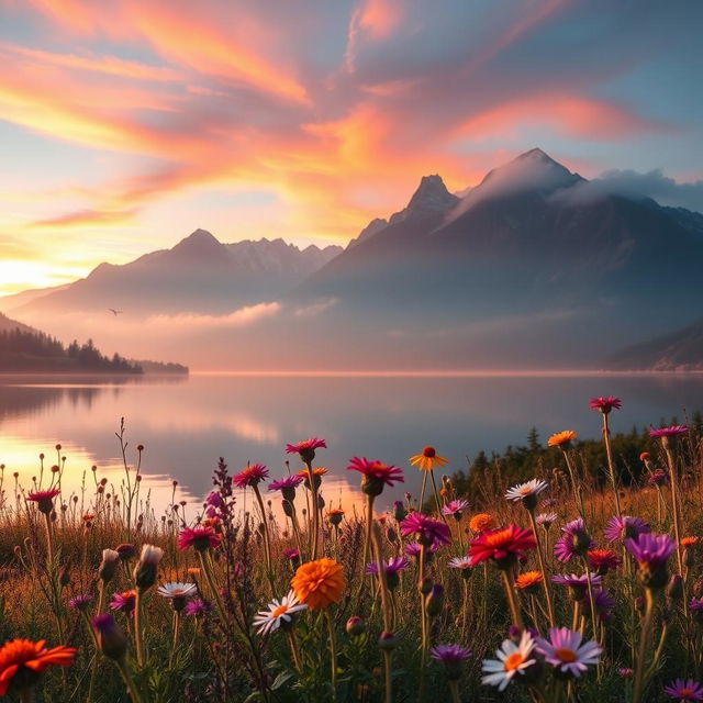 A majestic mountain landscape during sunrise, featuring a vibrant sky with warm pinks and oranges casting reflections on a calm lake