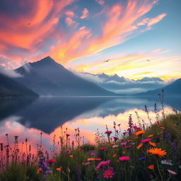 A majestic mountain landscape during sunrise, featuring a vibrant sky with warm pinks and oranges casting reflections on a calm lake