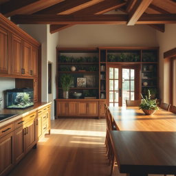 A cozy kitchen scene featuring an aquarium tucked under a wooden kitchen counter, surrounded by beautifully crafted wooden cabinets