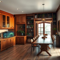 A cozy kitchen scene featuring an aquarium tucked under a wooden kitchen counter, surrounded by beautifully crafted wooden cabinets
