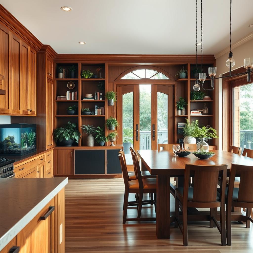 A cozy kitchen scene featuring an aquarium tucked under a wooden kitchen counter, surrounded by beautifully crafted wooden cabinets