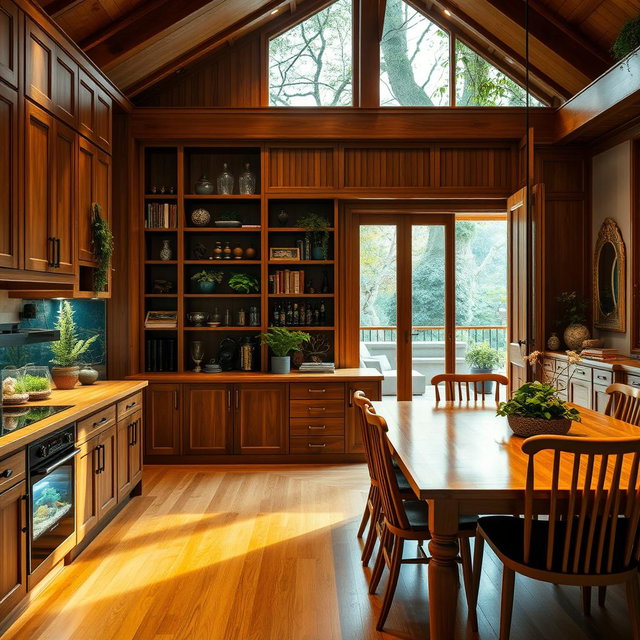 A cozy kitchen scene featuring an aquarium tucked under a wooden kitchen counter, surrounded by beautifully crafted wooden cabinets