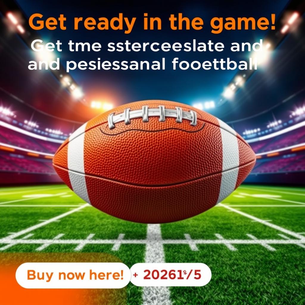An eye-catching poster for the sale of an American football, featuring an illuminated stadium in the background with a vibrant American football field, creating an atmosphere of excitement and energy