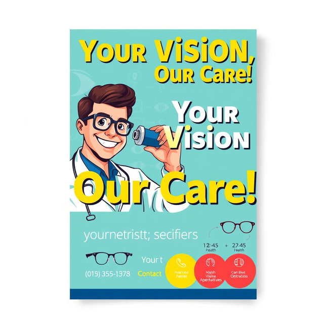 A colorful and eye-catching poster for an optometrist's office, featuring a friendly eye doctor wearing glasses and a lab coat, smiling while examining a patient's eye with an ophthalmology tool
