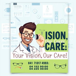 A colorful and eye-catching poster for an optometrist's office, featuring a friendly eye doctor wearing glasses and a lab coat, smiling while examining a patient's eye with an ophthalmology tool