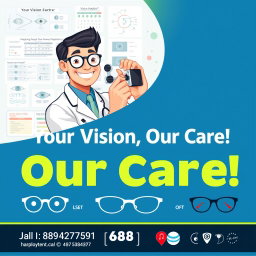 A colorful and eye-catching poster for an optometrist's office, featuring a friendly eye doctor wearing glasses and a lab coat, smiling while examining a patient's eye with an ophthalmology tool