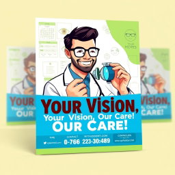 A colorful and eye-catching poster for an optometrist's office, featuring a friendly eye doctor wearing glasses and a lab coat, smiling while examining a patient's eye with an ophthalmology tool