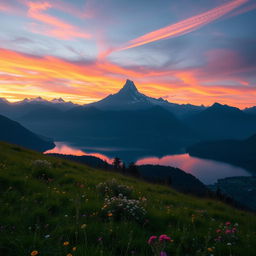A stunning, ethereal landscape featuring a majestic mountain range silhouetted against a vibrant sunset, with a serene lake reflecting the colorful sky