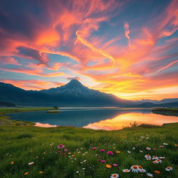 A stunning, ethereal landscape featuring a majestic mountain range silhouetted against a vibrant sunset, with a serene lake reflecting the colorful sky