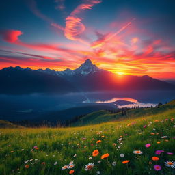 A stunning, ethereal landscape featuring a majestic mountain range silhouetted against a vibrant sunset, with a serene lake reflecting the colorful sky