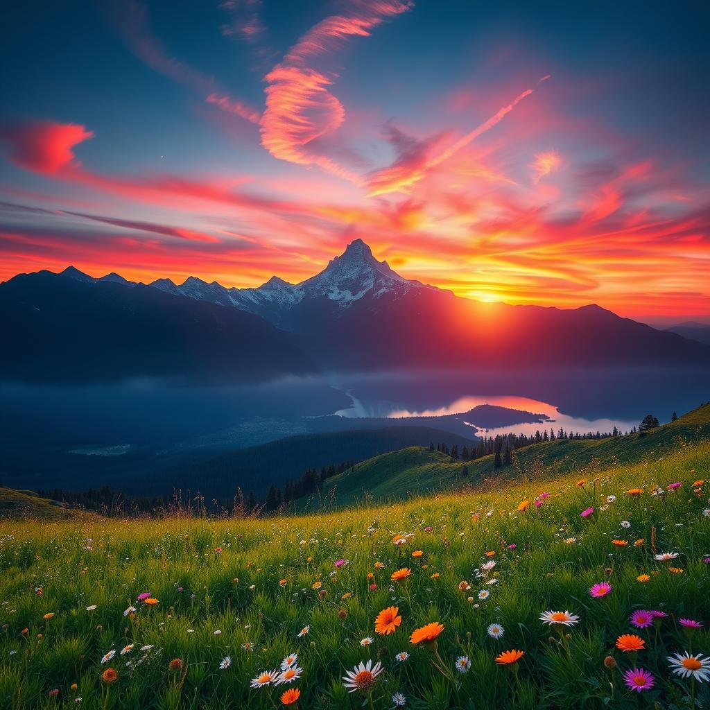 A stunning, ethereal landscape featuring a majestic mountain range silhouetted against a vibrant sunset, with a serene lake reflecting the colorful sky