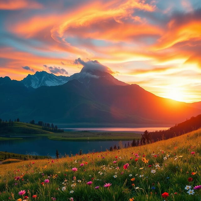 A stunning, ethereal landscape featuring a majestic mountain range silhouetted against a vibrant sunset, with a serene lake reflecting the colorful sky