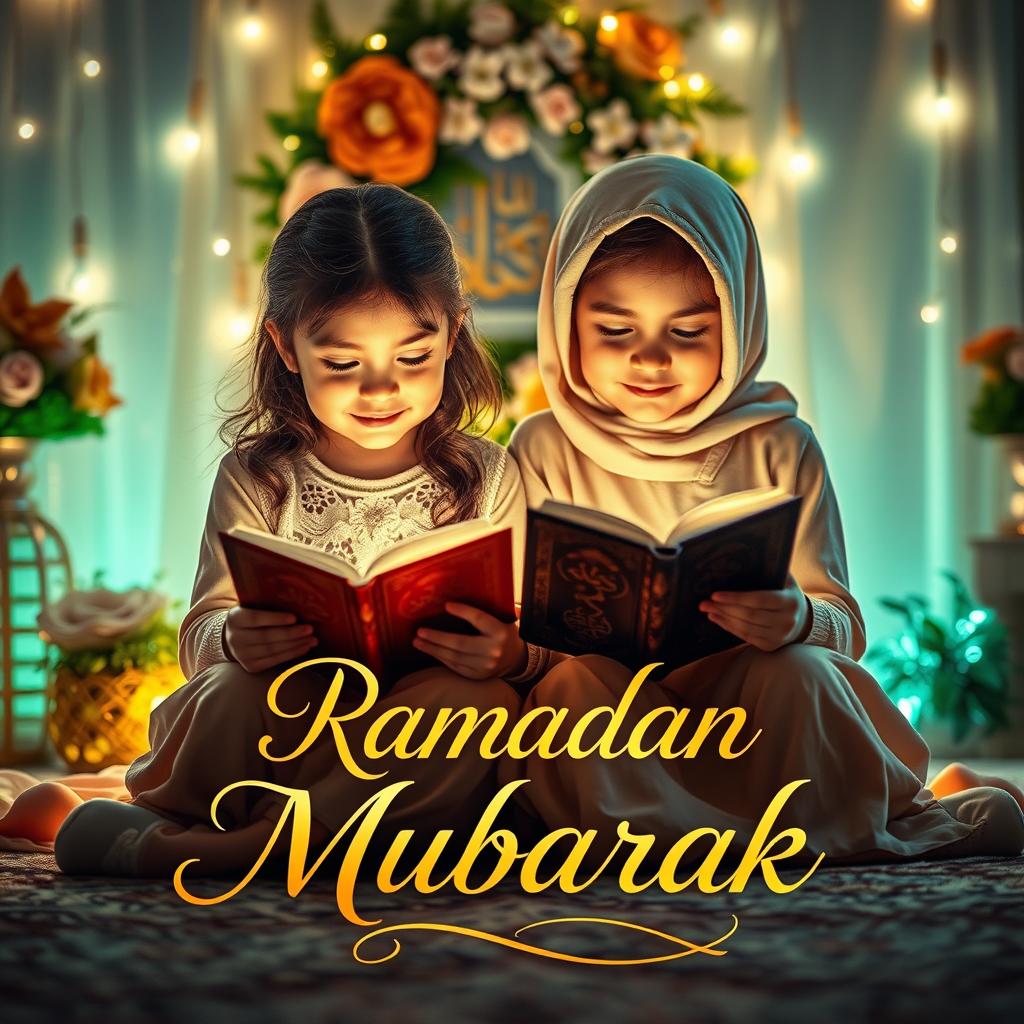 Two young girls sitting side by side, both engaged in reading aloud during Ramadan