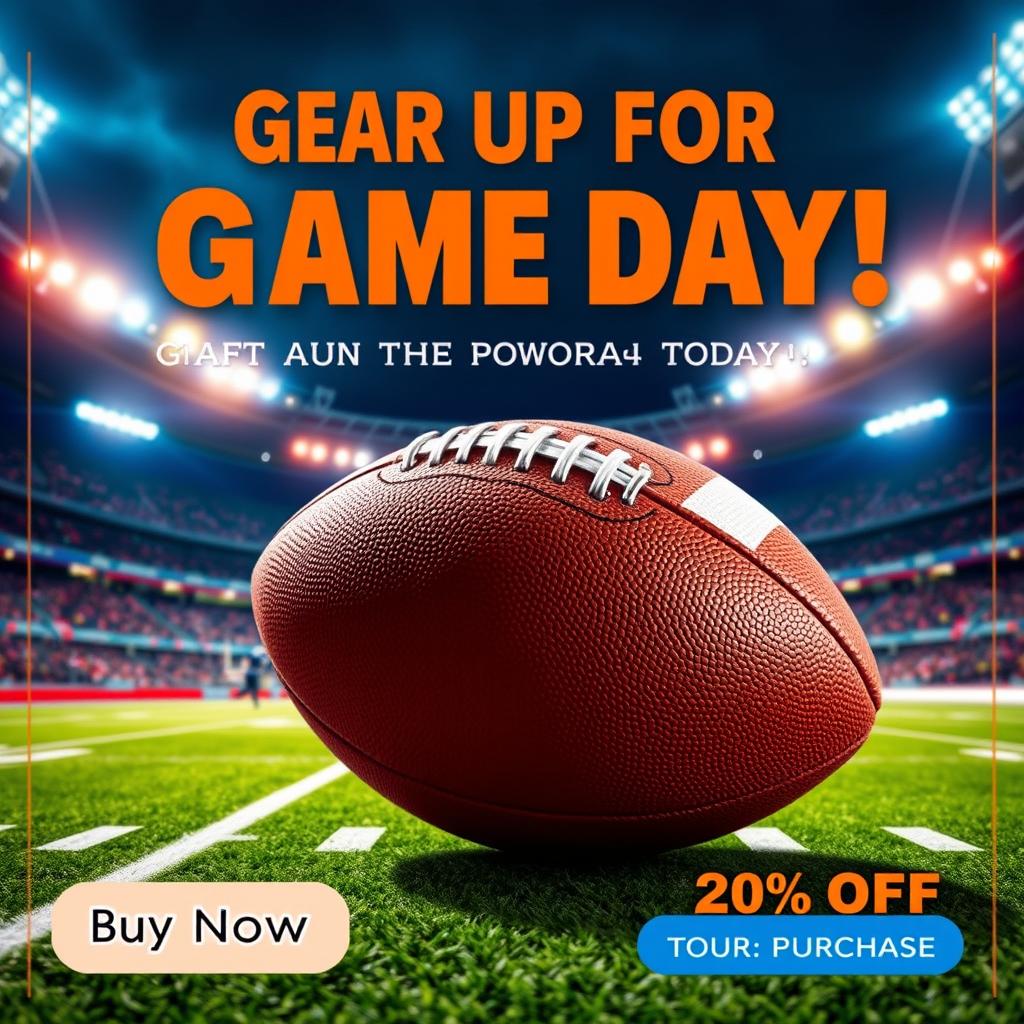 Create a vibrant poster for selling an American football, featuring an exciting design that captures the essence of the sport