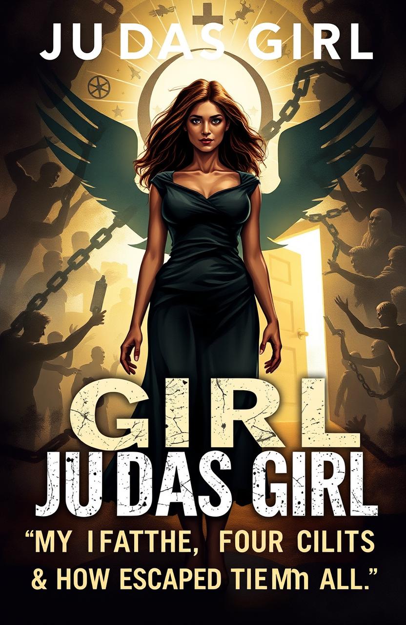 A powerful and evocative book cover illustration for "Judas Girl: My Father, Four Cults & How I Escaped Them All"