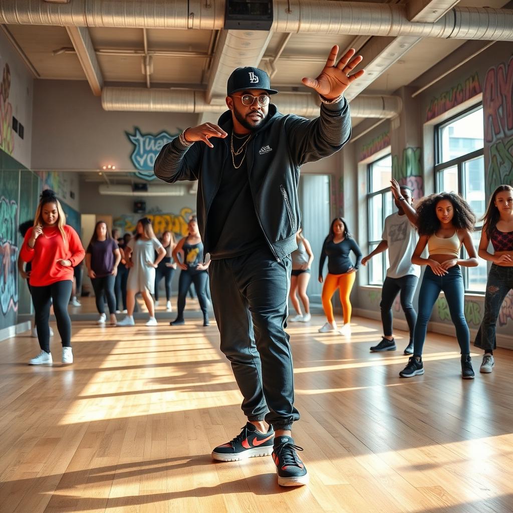 A vibrant and energetic scene featuring a professional hip hop dancer teacher in a stylish urban dance studio