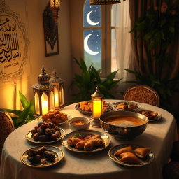 A serene and beautifully decorated iftar table set for Ramadan, featuring traditional dishes like dates, samosas, and a large bowl of soup, all illuminated by warm, golden lantern light