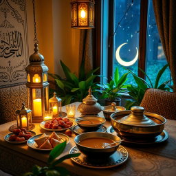 A serene and beautifully decorated iftar table set for Ramadan, featuring traditional dishes like dates, samosas, and a large bowl of soup, all illuminated by warm, golden lantern light