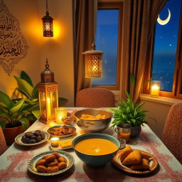 A serene and beautifully decorated iftar table set for Ramadan, featuring traditional dishes like dates, samosas, and a large bowl of soup, all illuminated by warm, golden lantern light