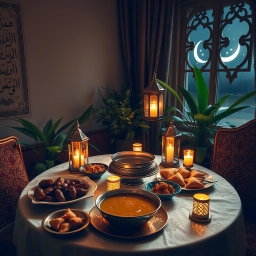 A serene and beautifully decorated iftar table set for Ramadan, featuring traditional dishes like dates, samosas, and a large bowl of soup, all illuminated by warm, golden lantern light