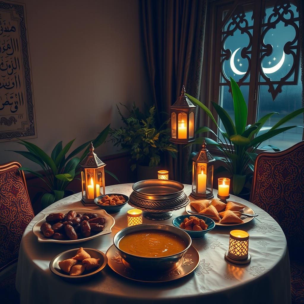 A serene and beautifully decorated iftar table set for Ramadan, featuring traditional dishes like dates, samosas, and a large bowl of soup, all illuminated by warm, golden lantern light