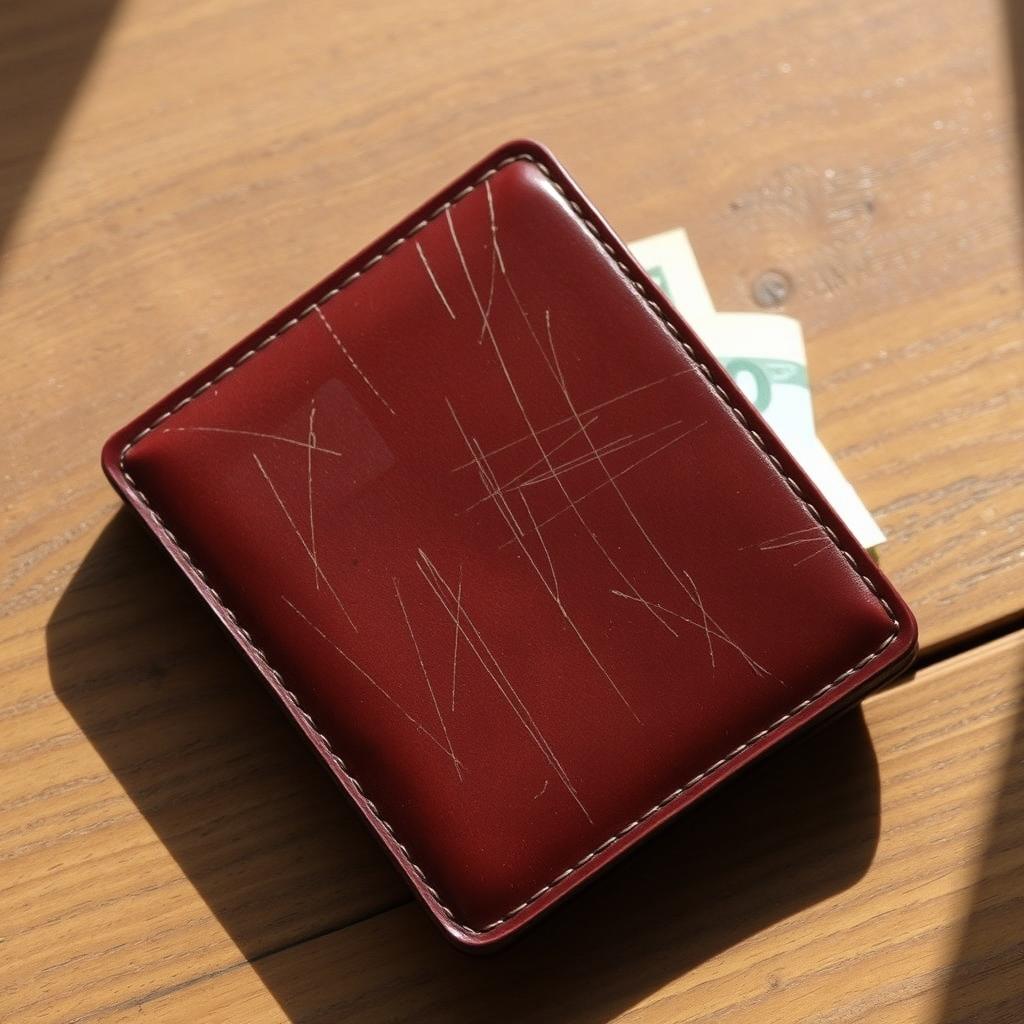 A classic leather wallet lying on a wooden table, showcasing several realistic scratches and scuffs across its surface