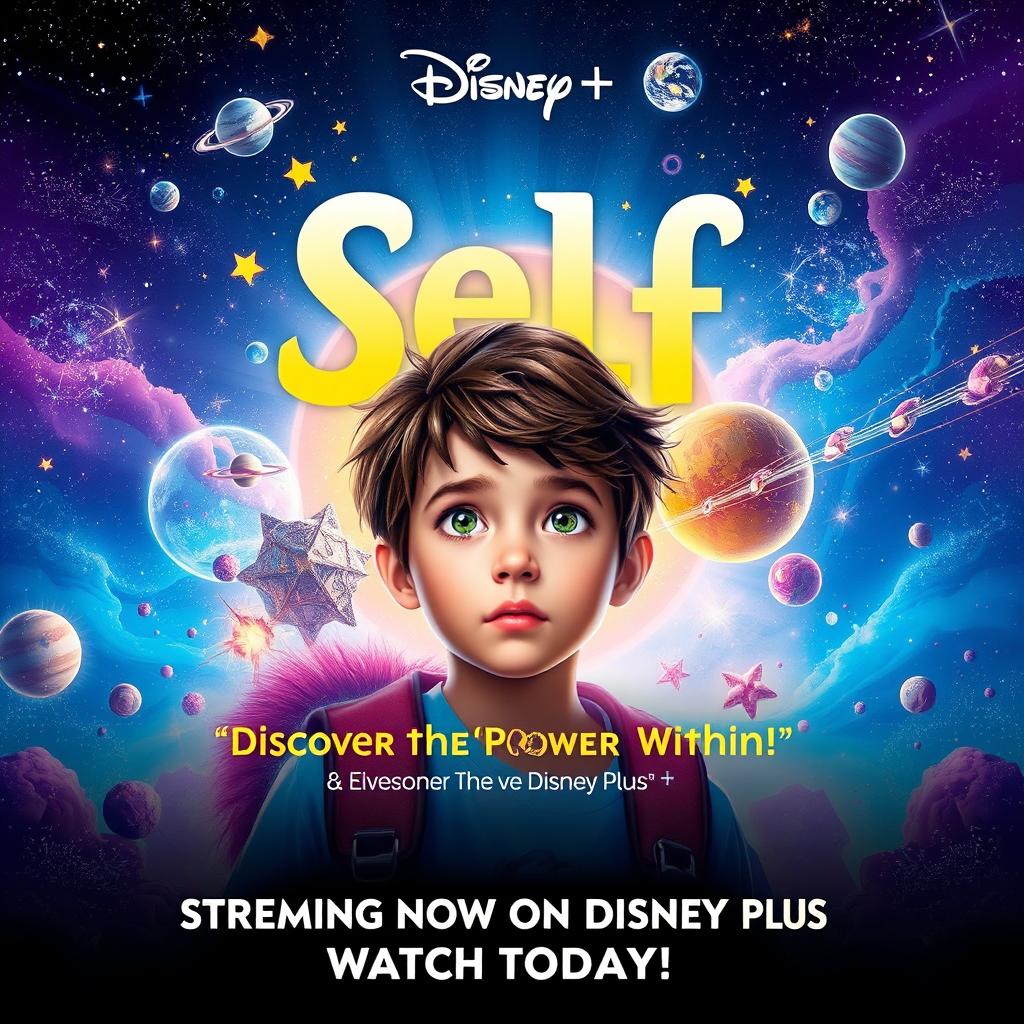 Create a captivating poster for the film 'Self' on Disney Plus, featuring a modern and engaging design that reflects the themes of self-discovery and adventure