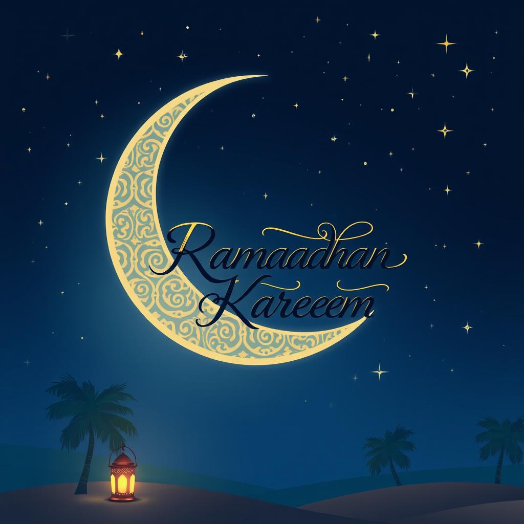 A beautiful and serene illustration of a crescent moon with intricate designs, surrounded by twinkling stars in a deep blue night sky