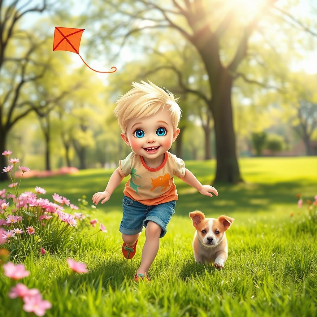 A vibrant and cheerful scene of a young blond boy playing in a sunny park