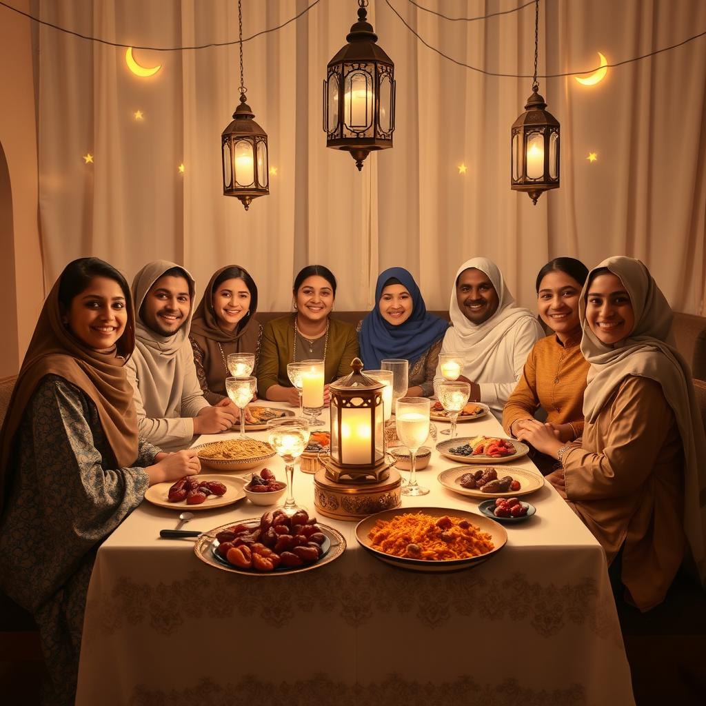 A warm and inviting scene featuring a beautiful iftar table set for Ramadan
