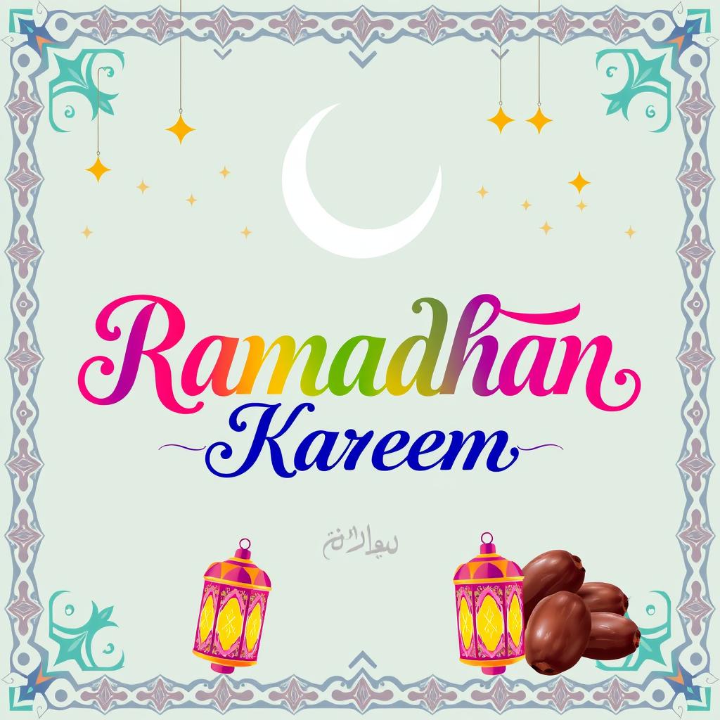 A beautifully designed greeting card that says 'Ramadhan Kareem' in elegant calligraphy, with vibrant colors and intricate Islamic geometric patterns