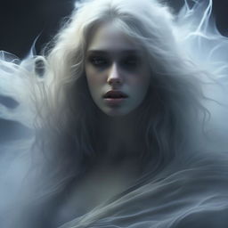 A close-up portrait for an album cover depicting an ethereal female ghost, showcasing her otherworldly beauty in remarkable detail