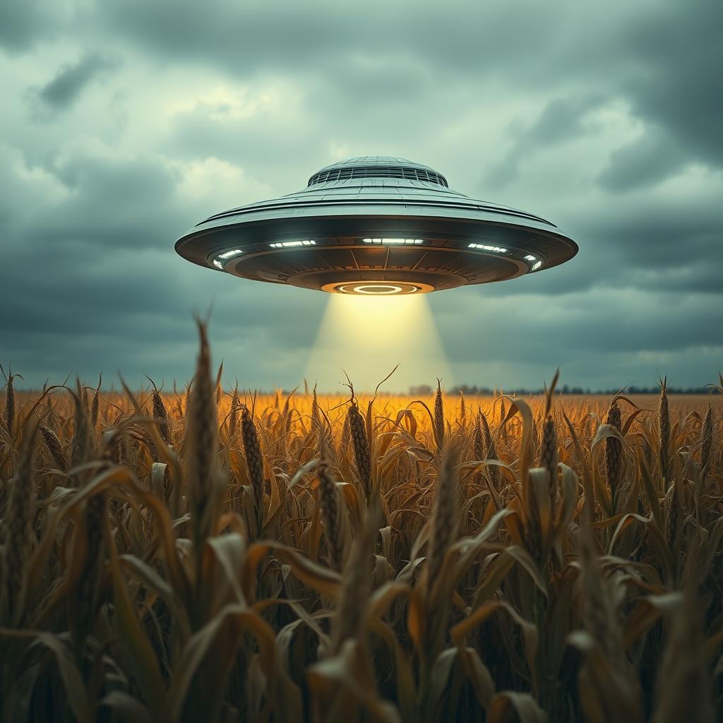 A dramatic raw photograph depicting a mysterious UFO hovering above a vast cornfield, with golden stalks swaying gently in the breeze under a moody sky
