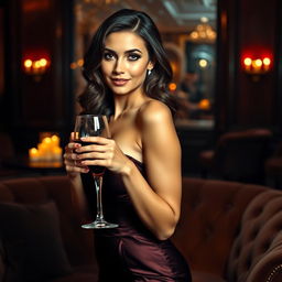 A stunning brunette woman in a sultry pose, wearing an elegant evening gown that accentuates her curves, with soft lighting highlighting her features