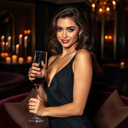 A stunning brunette woman in a sultry pose, wearing an elegant evening gown that accentuates her curves, with soft lighting highlighting her features